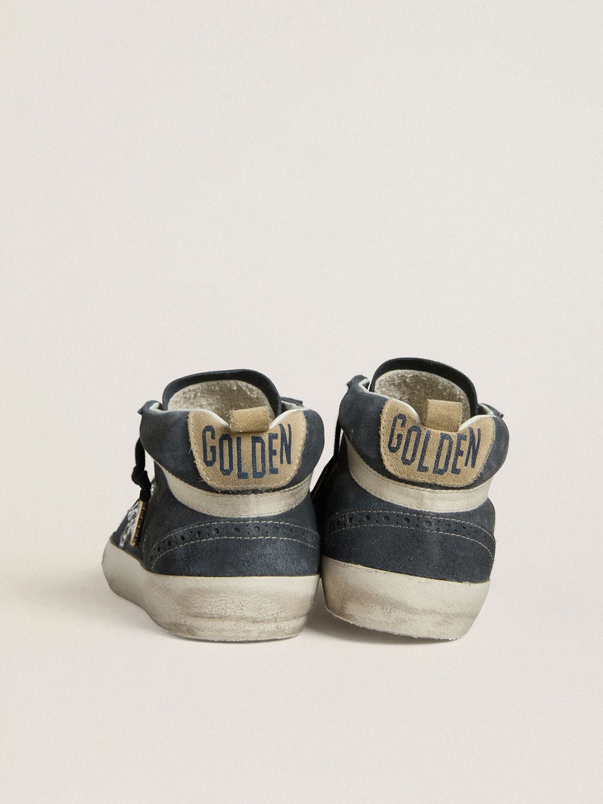 Golden Goose - Mid Star pour femme en cuir velours bleu pétrole avec étoile à paillettes argentées et virgule en coton in