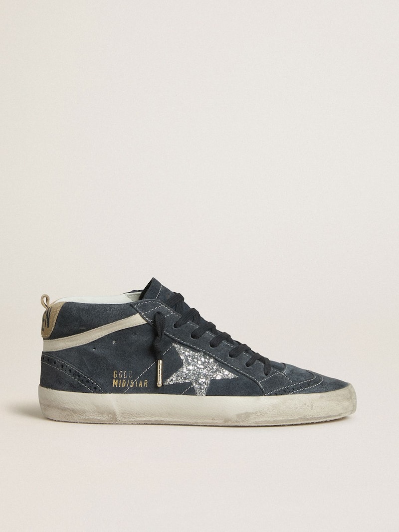 Mid Star pour femme en cuir velours bleu pétrole avec étoile à paillettes argentées et virgule en coton