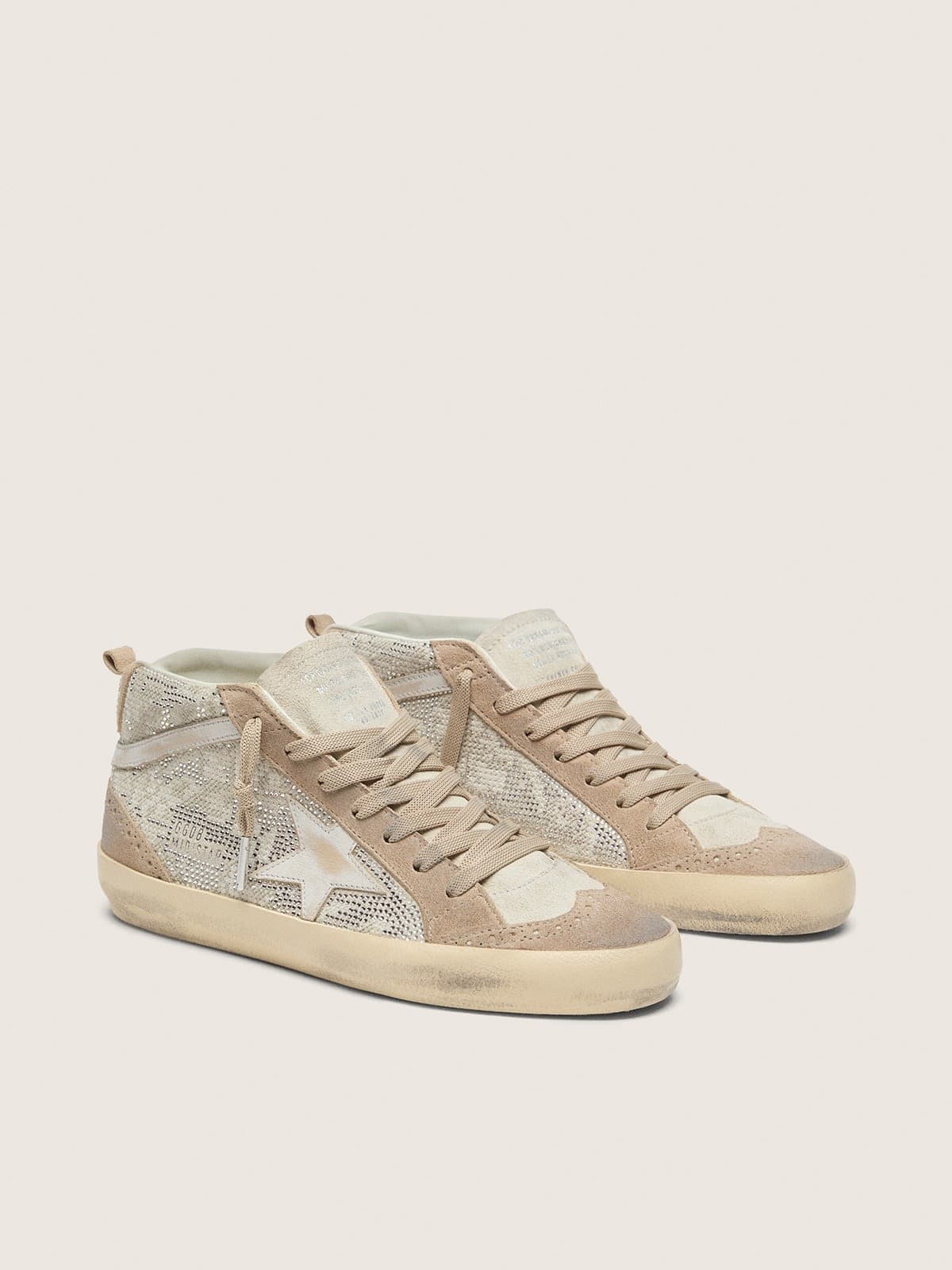 Golden Goose - Mid Star donna in suede beige con Swarovski argento e stella in pelle bianca in 