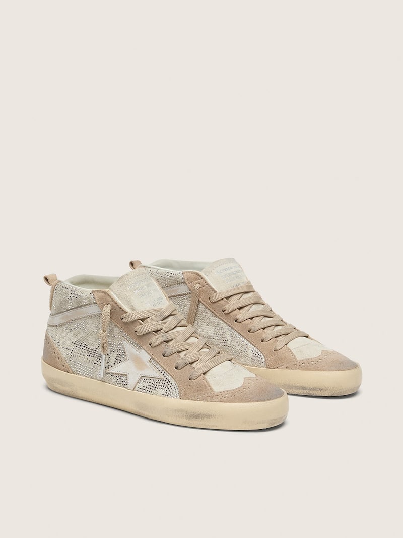 Golden Goose - Women's Mid Star in beige suede with silver Swarovski and white leather star in 