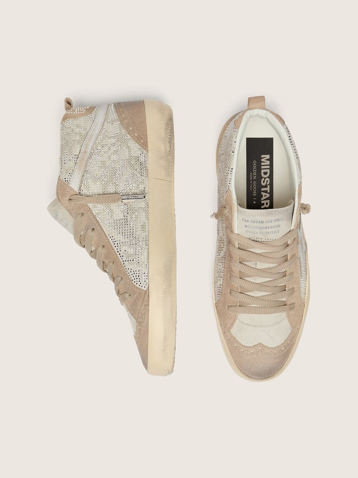 Mid Star de mujer de ante beige con Swarovski plateados y estrella de piel blanca