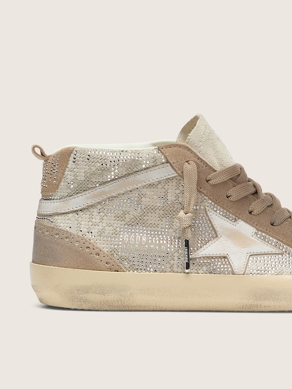 Golden Goose - Mid Star donna in suede beige con Swarovski argento e stella in pelle bianca in 