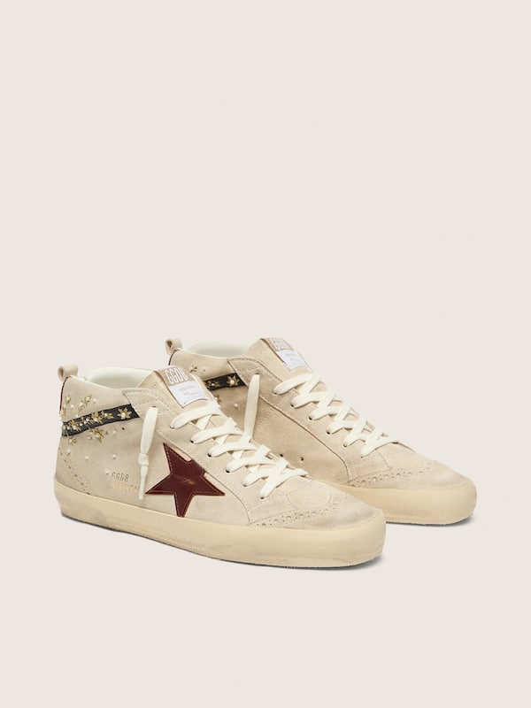 Mid Star donna in suede perla con stella in pelle burgundy e inserti con ricami e perle
