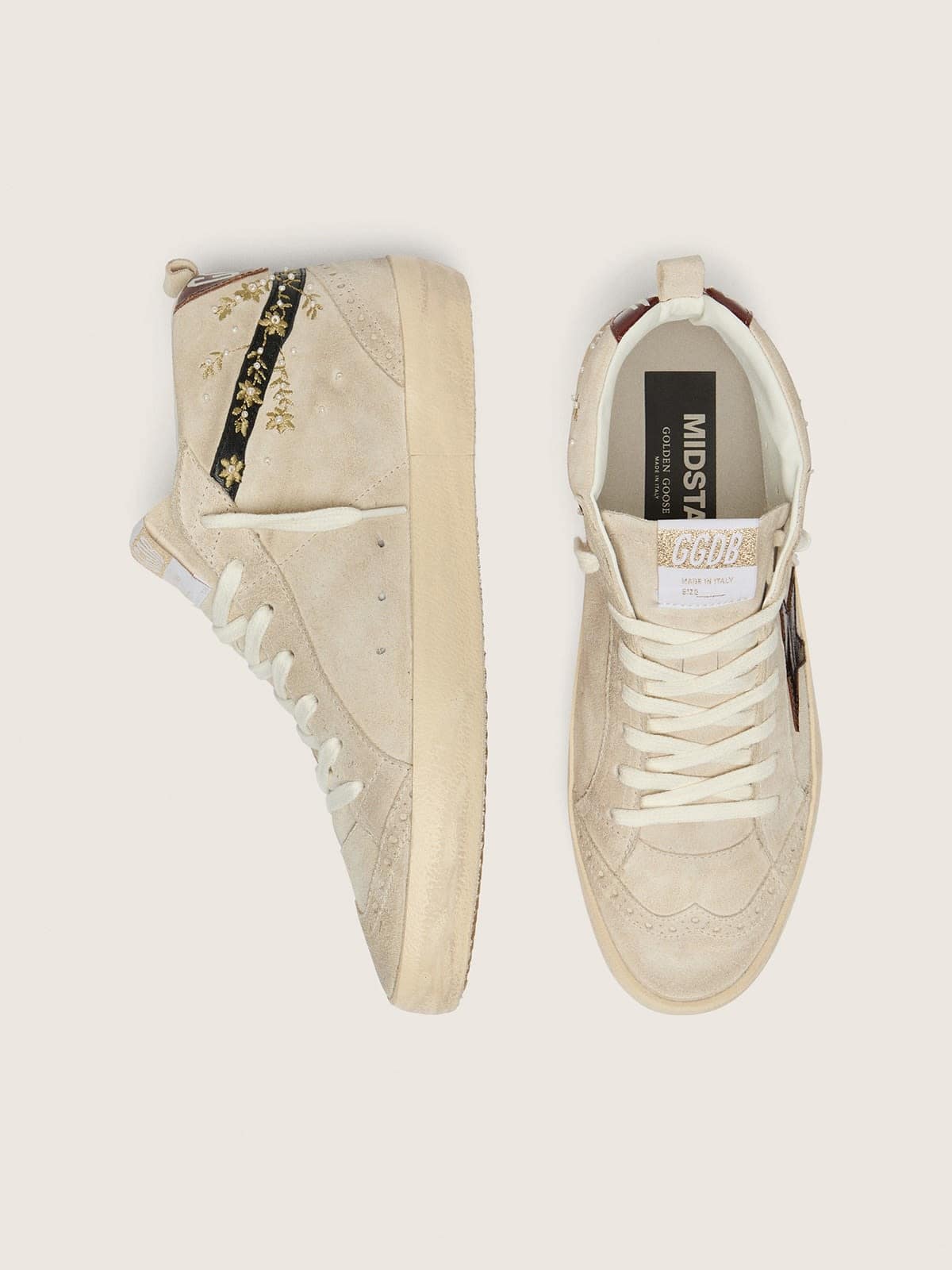 Golden Goose - Mid Star donna in suede perla con stella in pelle burgundy e inserti con ricami e perle in 
