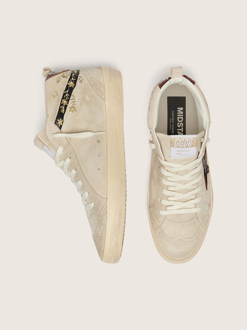 Golden Goose - Women&rsquo;s Mid Star in pearl suede with burgundy leather star and pearl and embroidery inserts in 