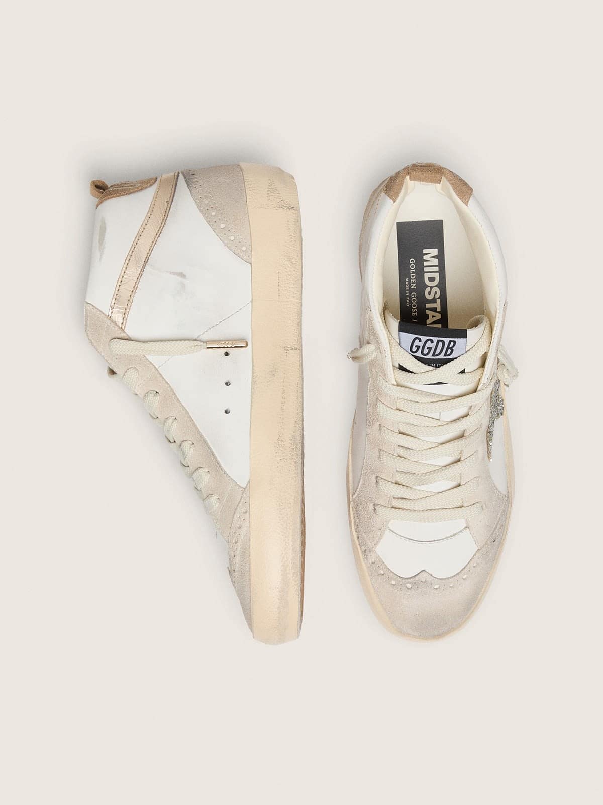 Golden Goose Mid Star Damen aus wei&szlig;em Leder und perlfarbenem Suede mit platinfarbenem Glitzerstern Mid Star white woman