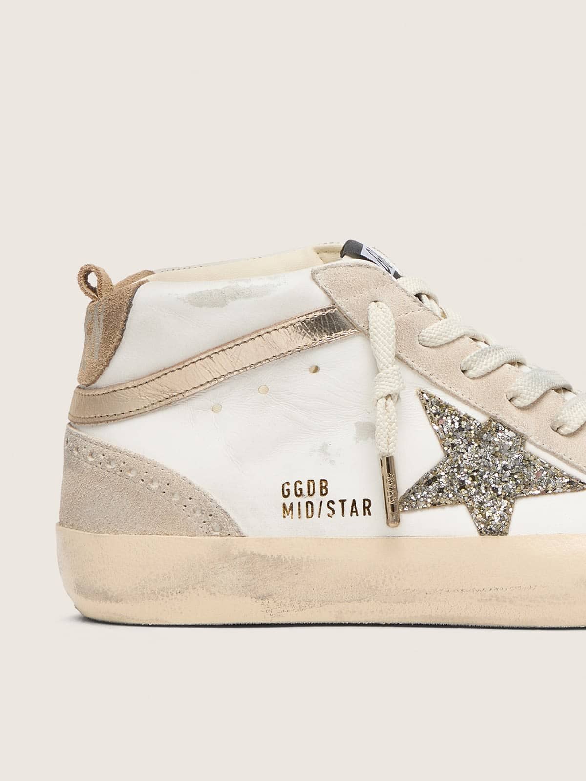Golden Goose Mid Star Damen aus wei&szlig;em Leder und perlfarbenem Suede mit platinfarbenem Glitzerstern Mid Star white woman