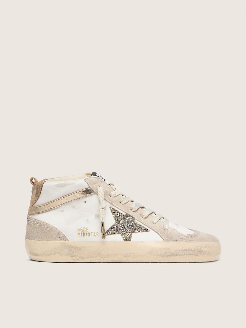 Golden Goose - Mid Star de mujer de piel blanca y ante color perla con estrella con purpurina platino in 