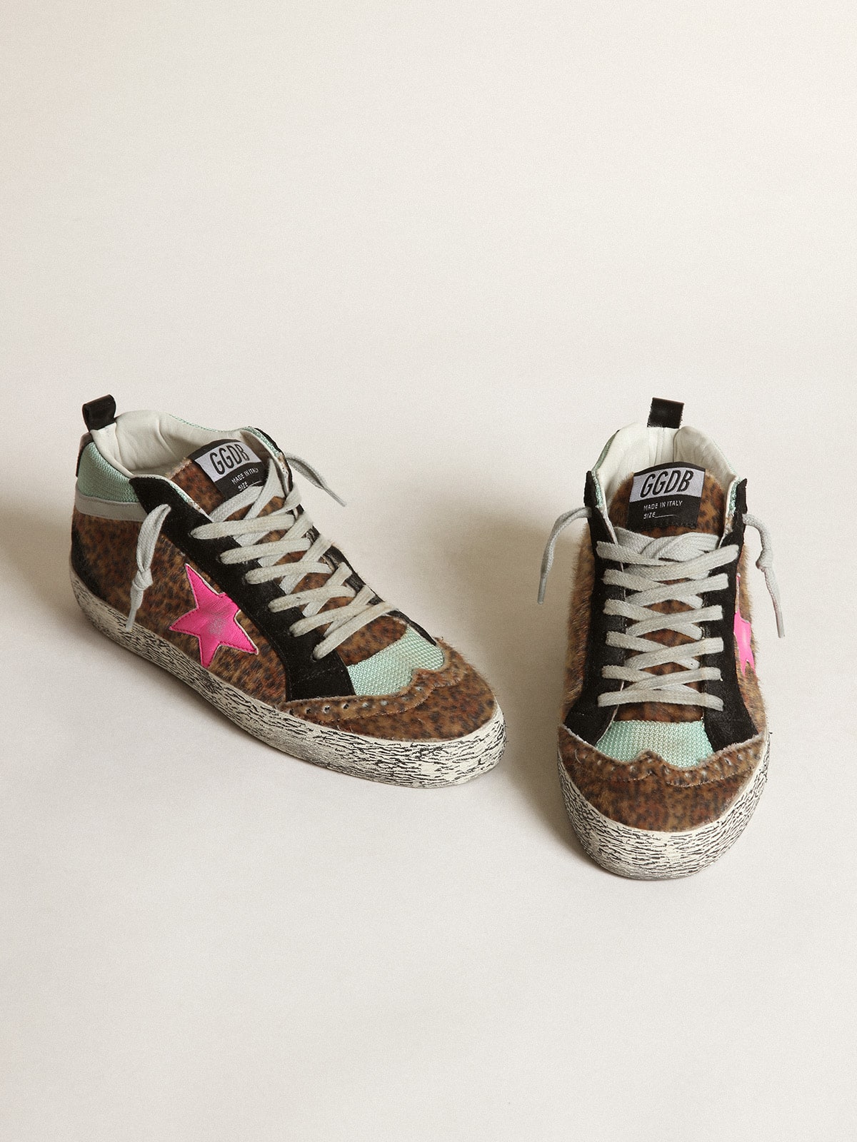 Golden Goose - Mid Star in leopard-print pony skin with fuchsia leather star in 