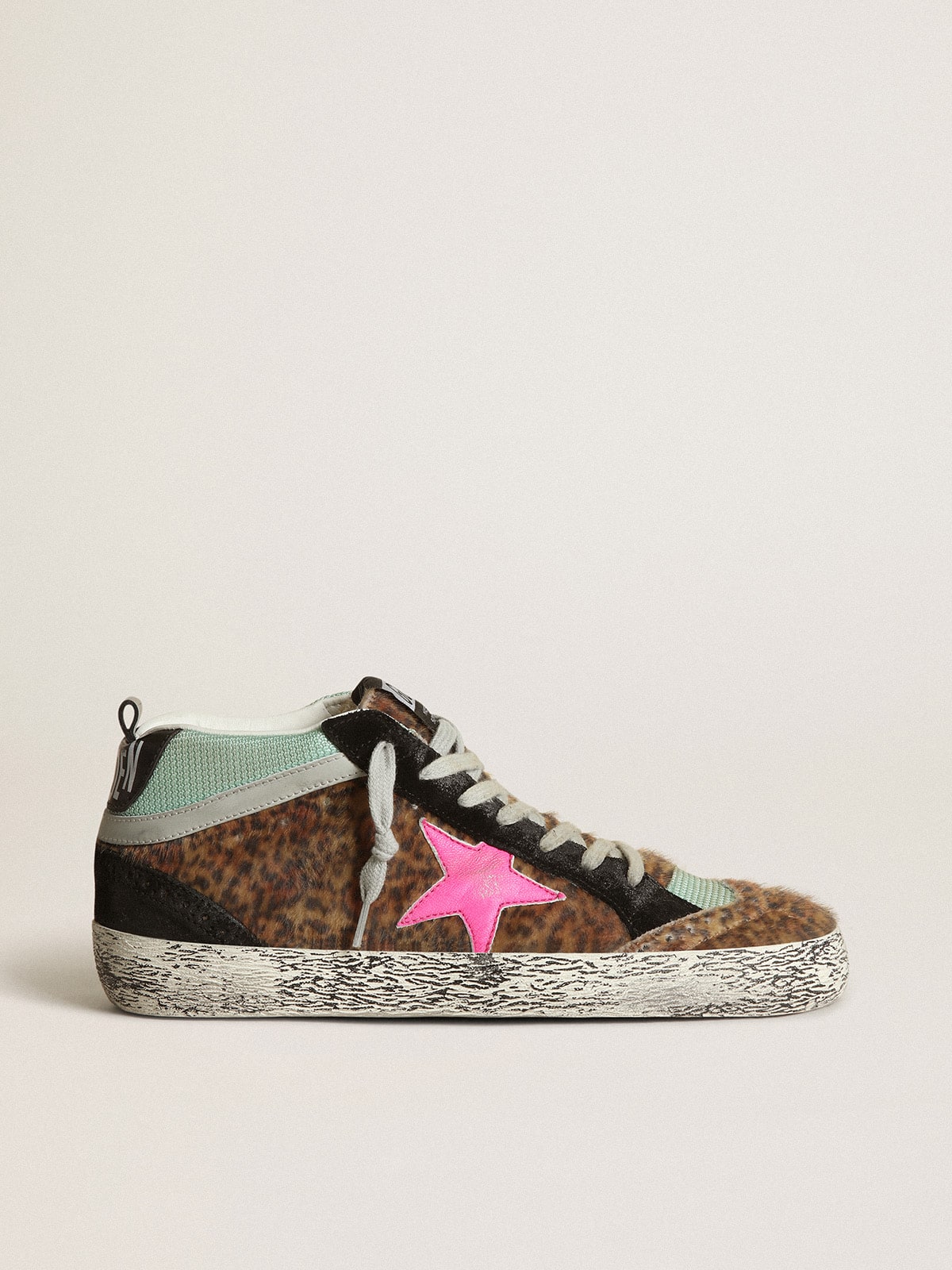 Golden Goose - Mid Star in leopard-print pony skin with fuchsia leather star in 