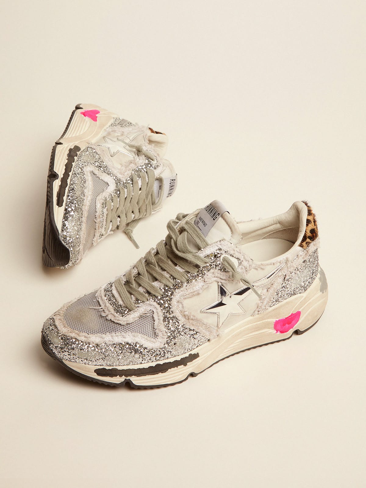 Golden Goose - Running Sole sneakers in nylon and glitter with leopard-print pony skin heel tab in 