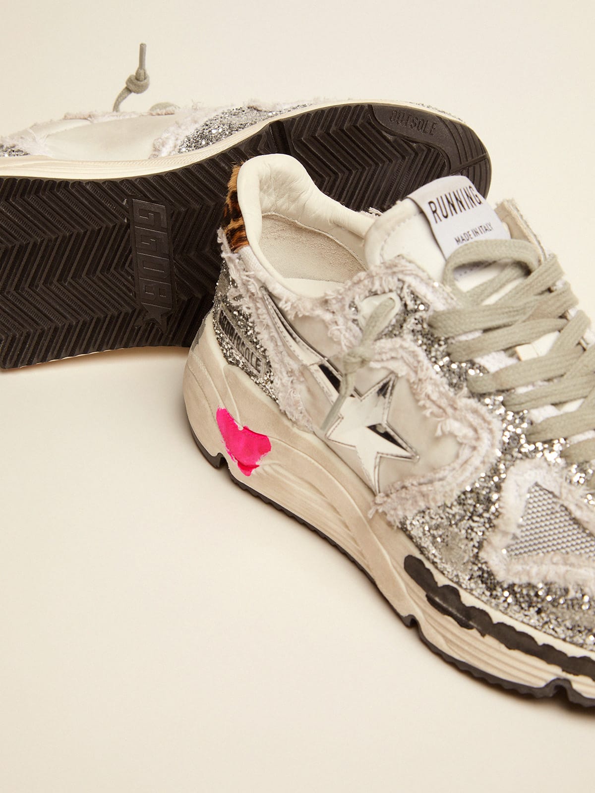 Golden Goose - Running Sole sneakers in nylon and glitter with leopard-print pony skin heel tab in 