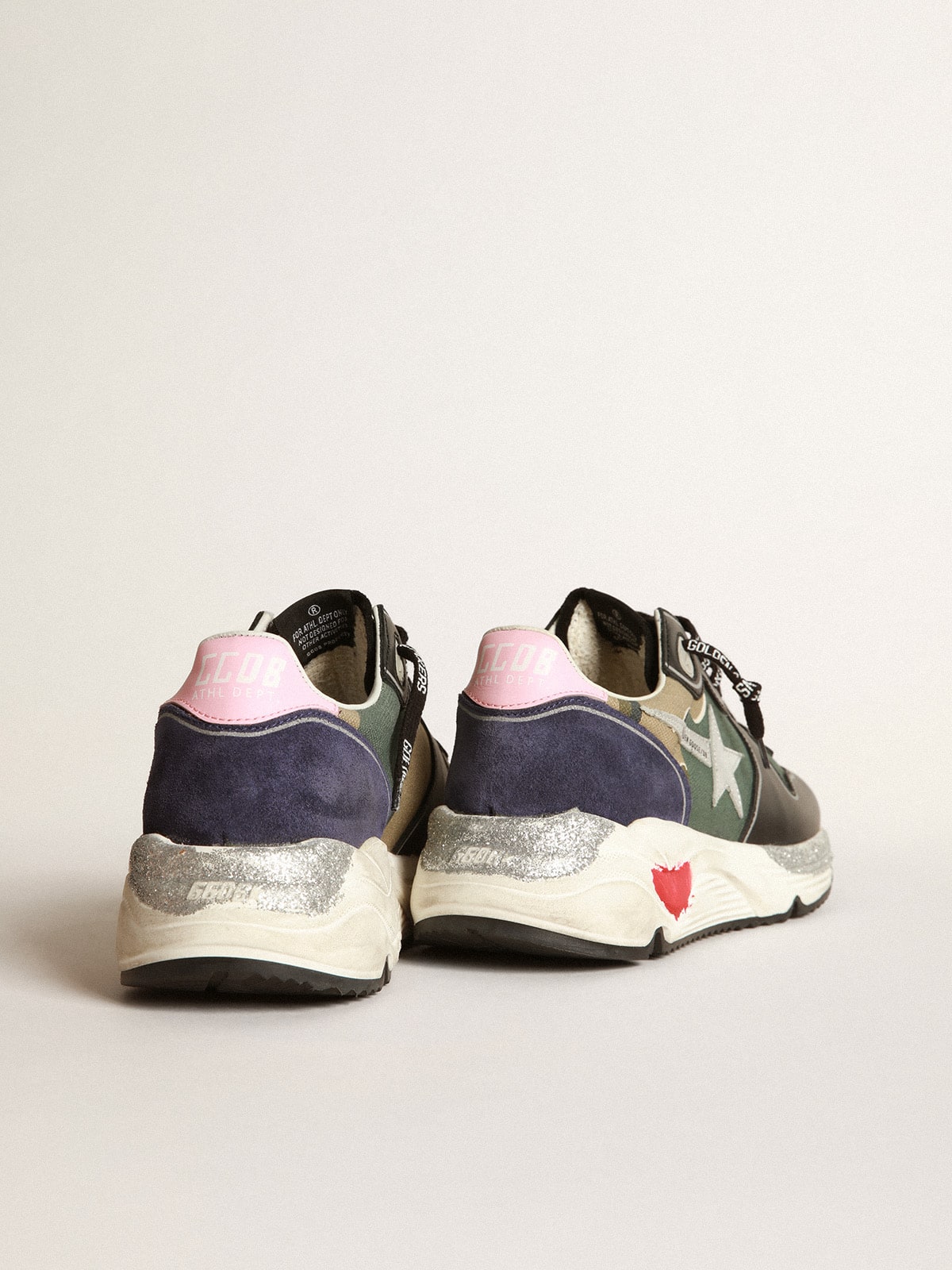 Golden Goose - Running Sole sneakers in camouflage canvas with silver laminated leather star and baby-pink leather heel tab in 