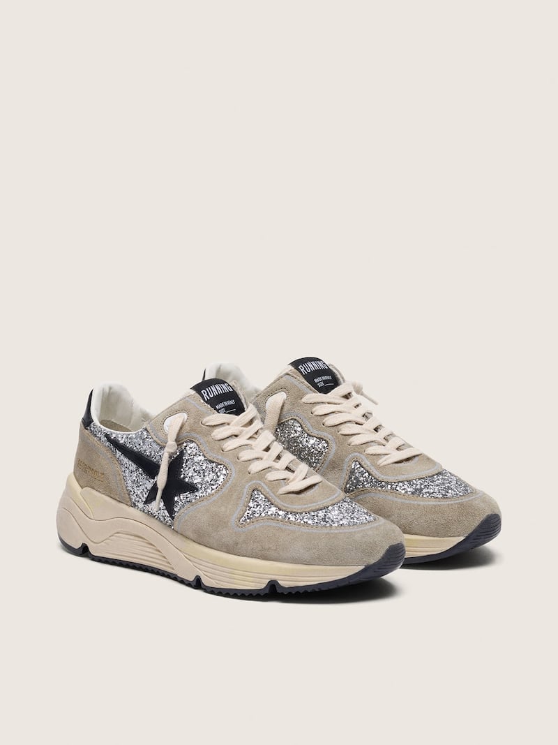 Golden Goose - Women's Running Sole in silver glitter and dove gray suede in 