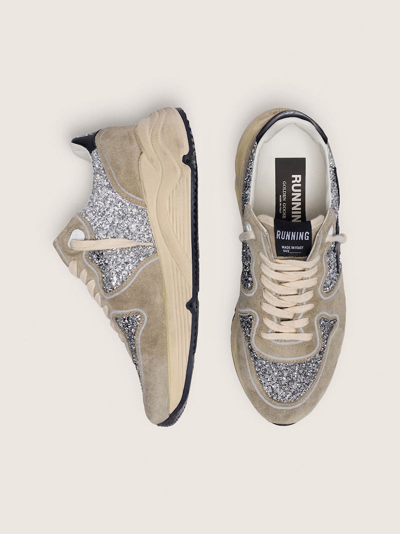 Golden Goose - Women's Running Sole in silver glitter and dove gray suede in 