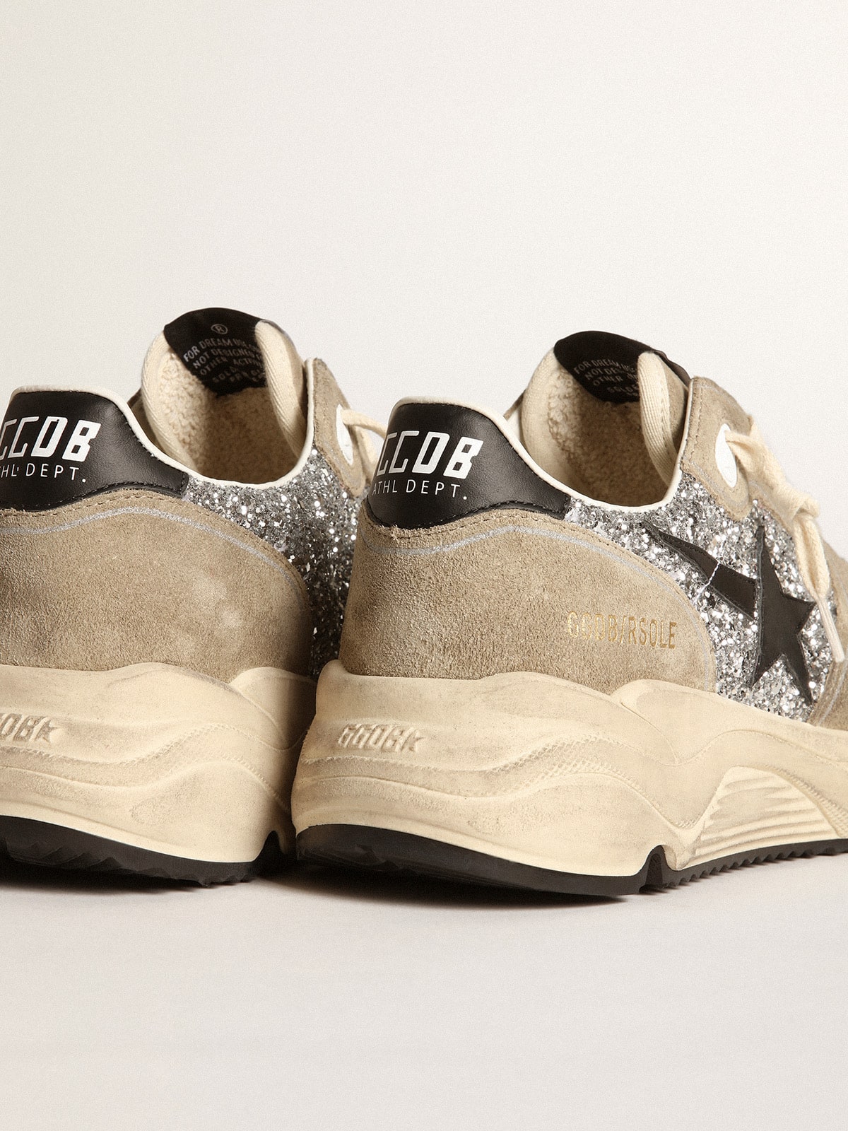 Women s Running Sole in silver glitter and dove gray suede Golden Goose