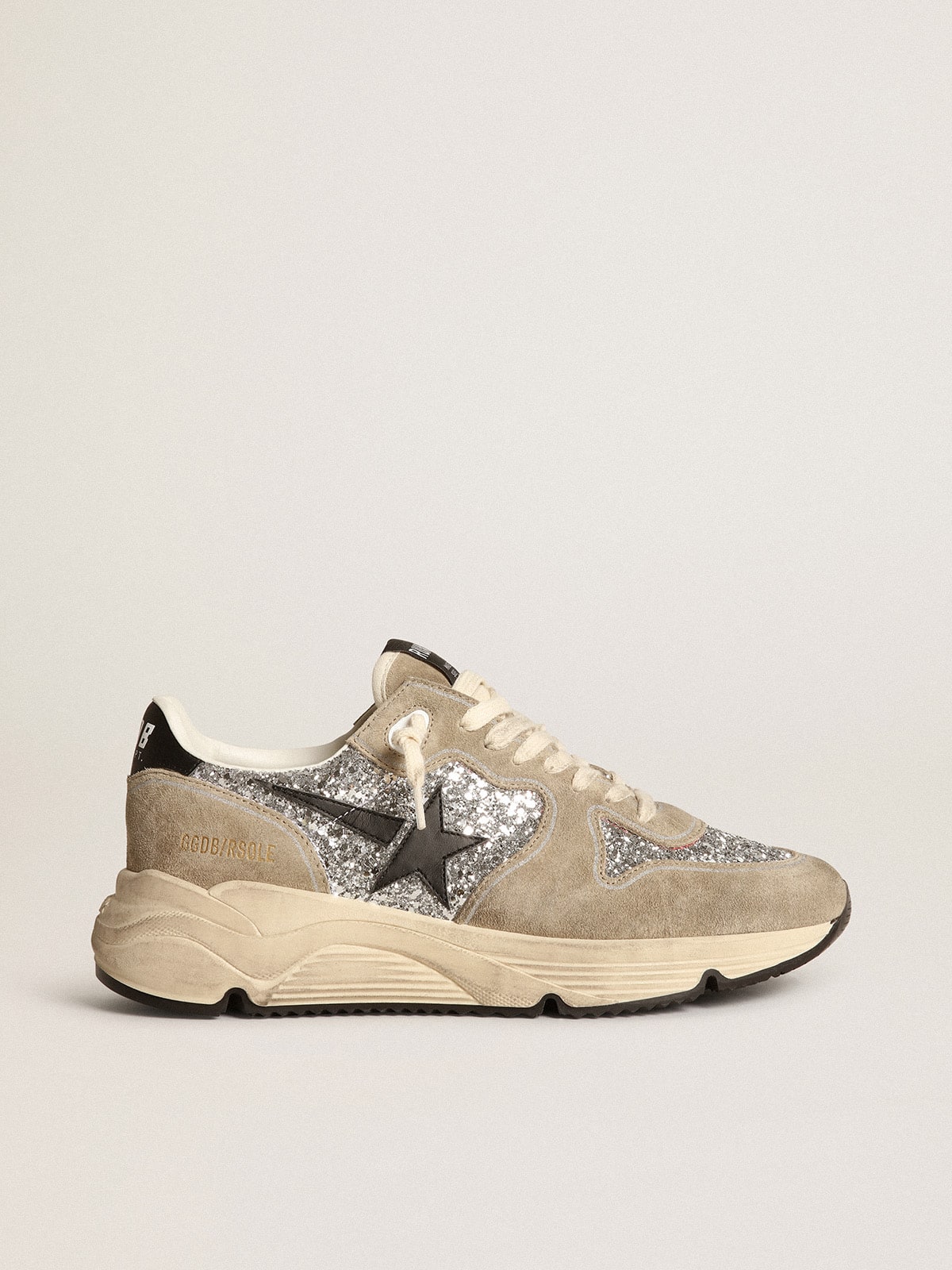 Golden Goose - Running Sole feminino em glitter prateado e suede havana-rosado in 