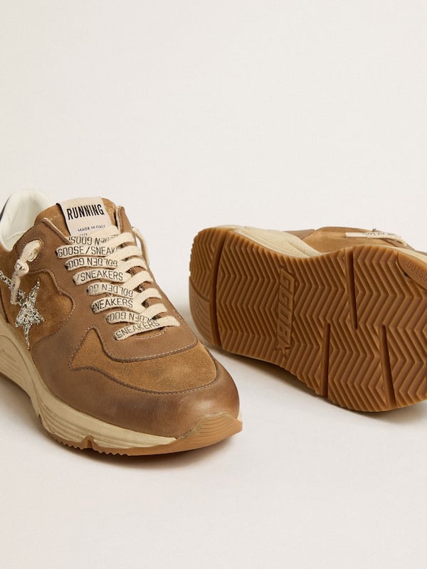 Golden Goose - Women’s Running Sole in tobacco-colored nappa leather and suede with silver glitter star in 