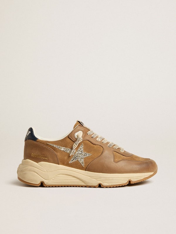Golden Goose - Women’s Running Sole in tobacco-colored nappa leather and suede with silver glitter star in 