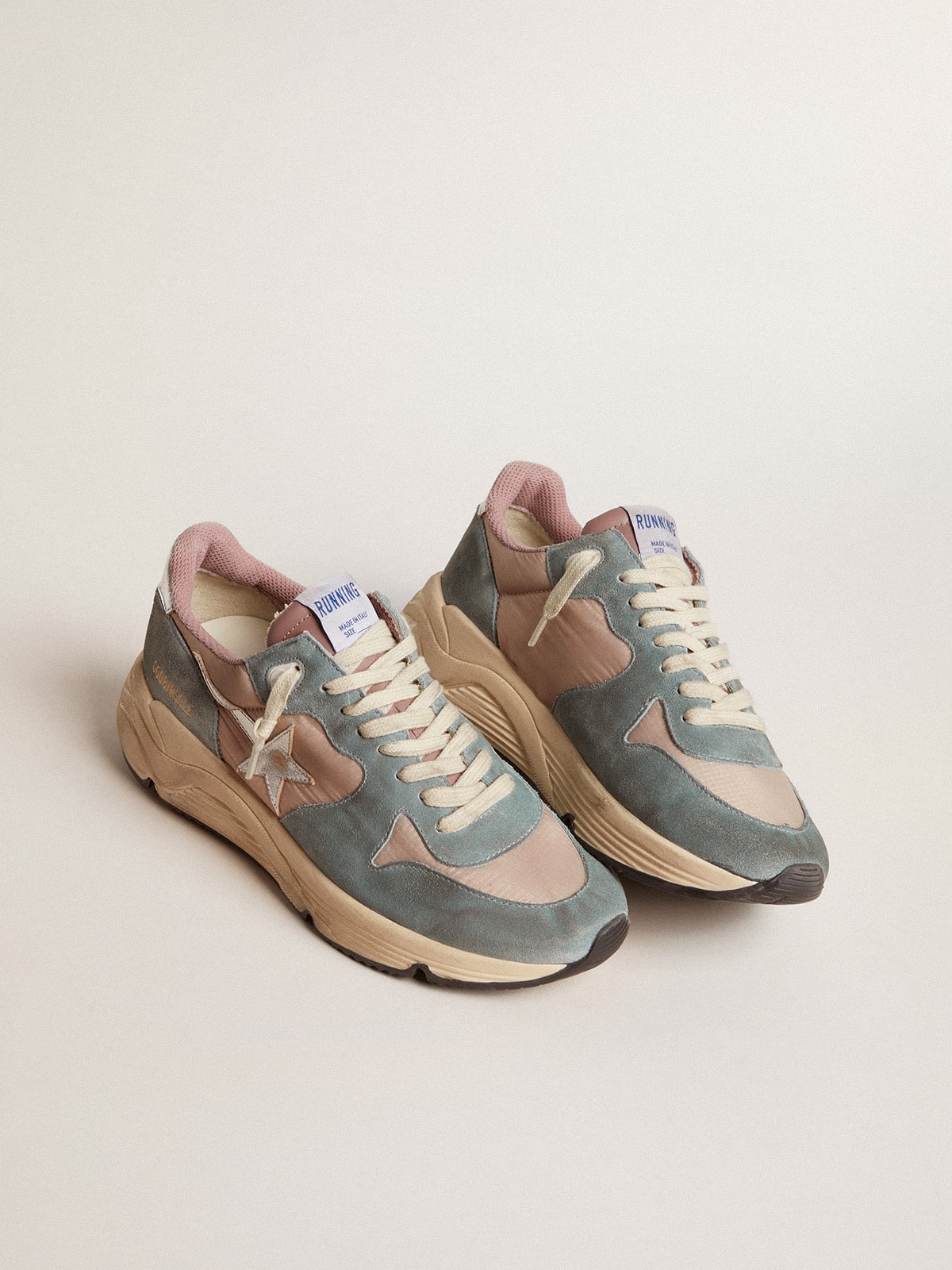 Golden Goose - Women's Running Sole in pink nylon and light-blue suede with silver leather star in 