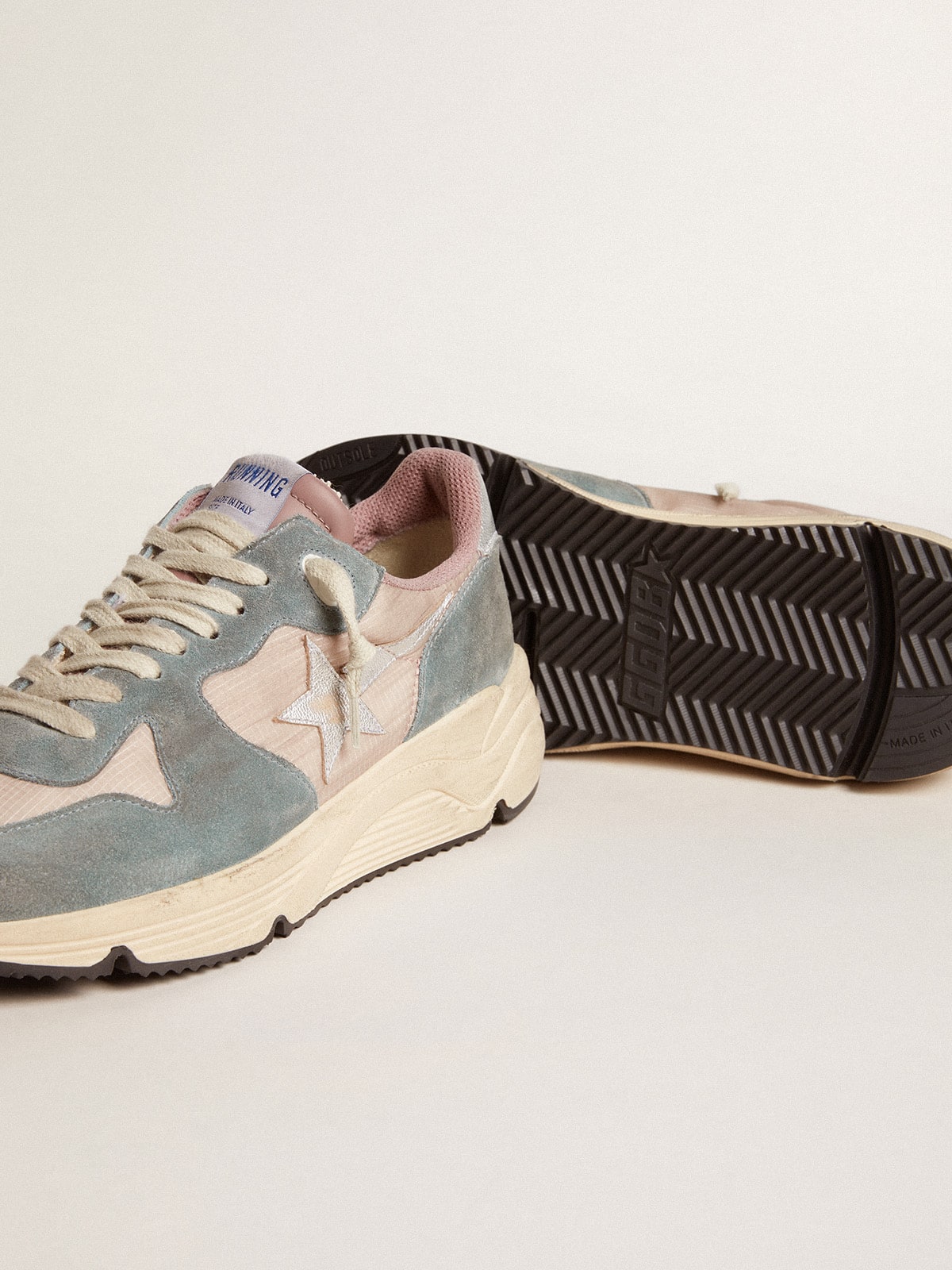 Golden Goose - Women's Running Sole in pink nylon and light-blue suede with silver leather star in 