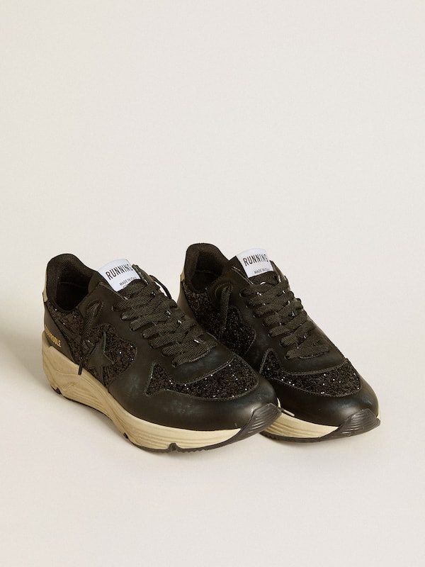 Golden Goose - Women's Running Sole in black glitter with leather star and nubuck heel tab in 