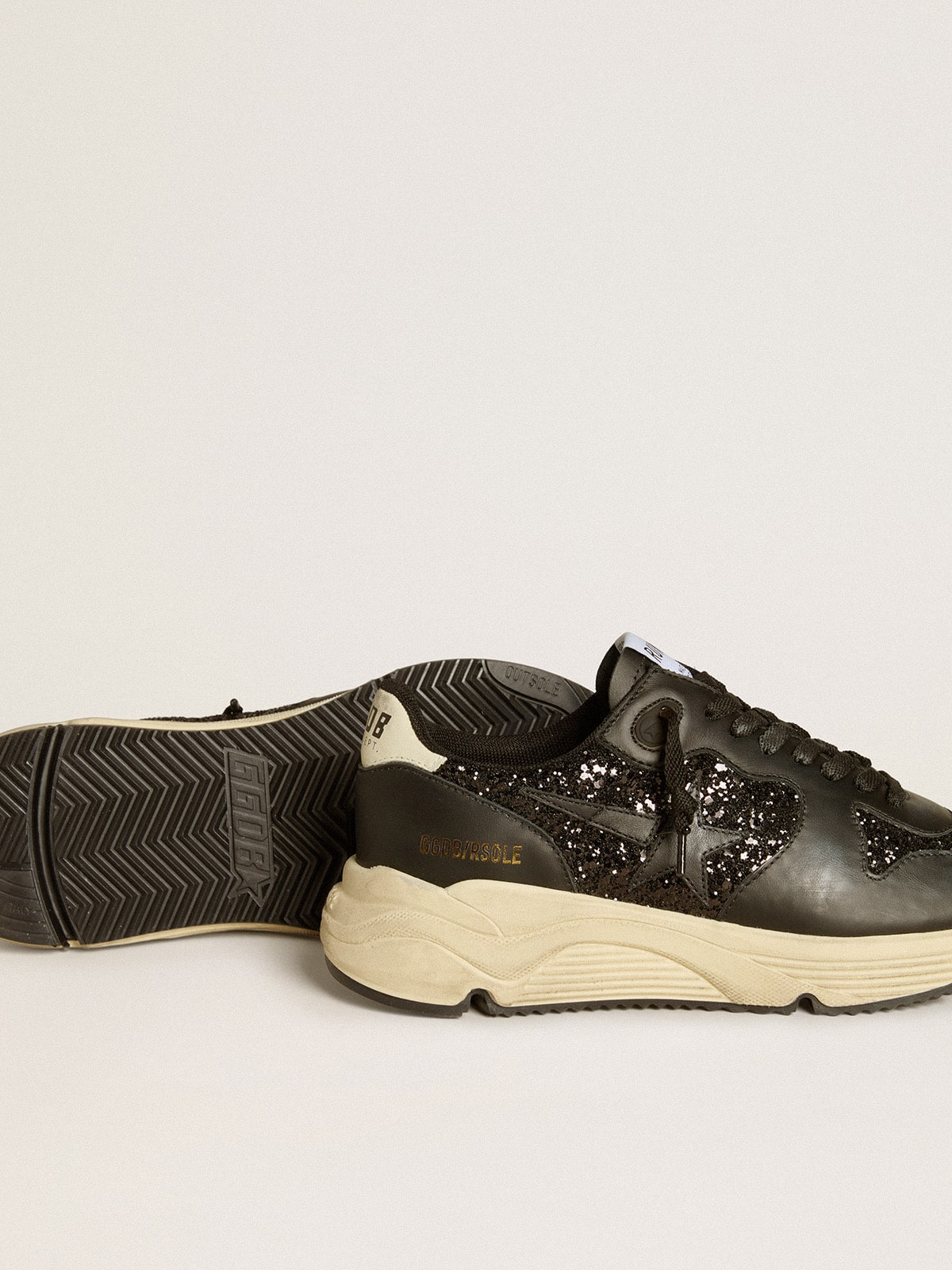 Golden Goose - Running Sole in black glitter with leather star and nubuck heel tab in 