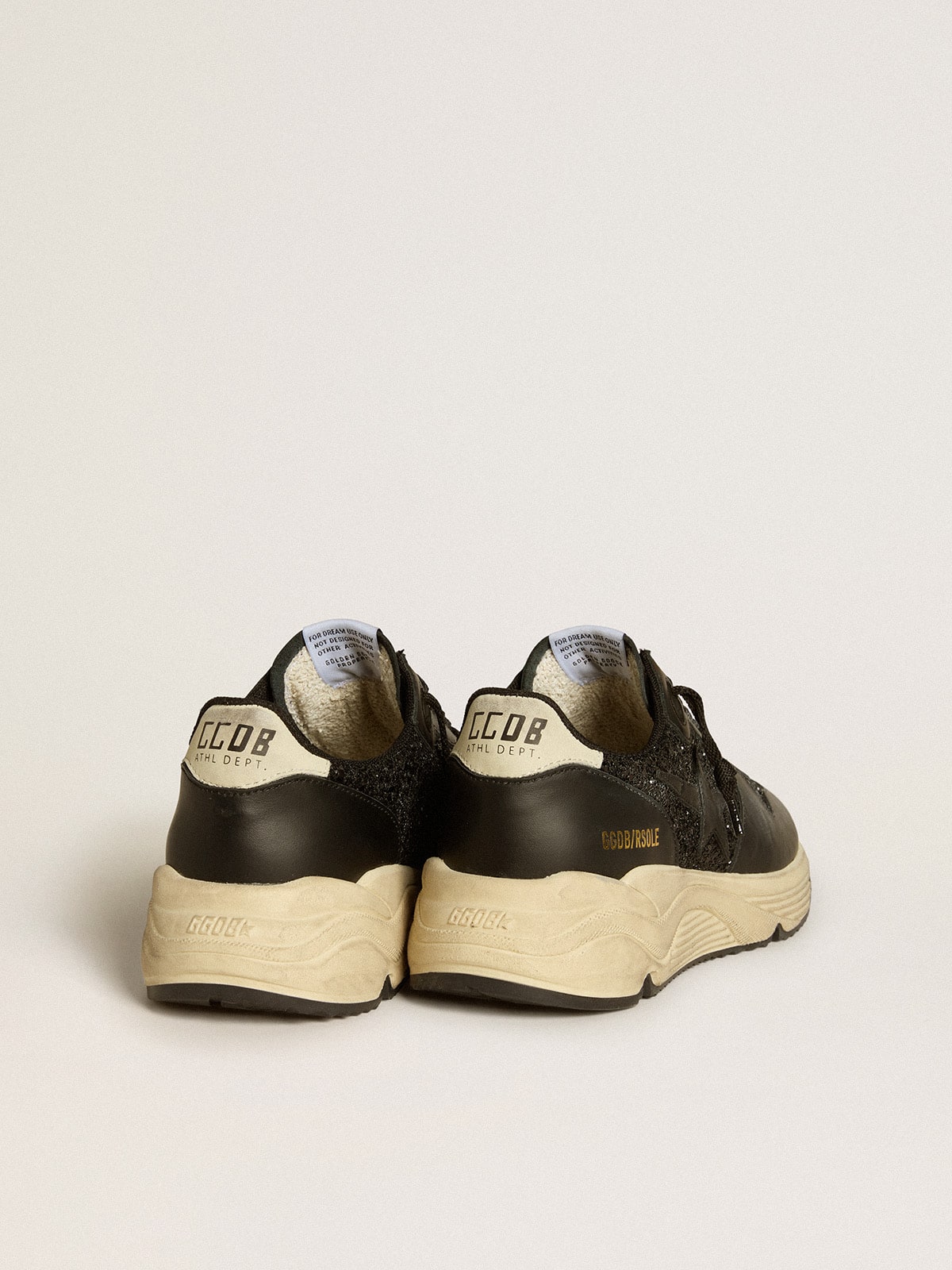 Women s Running Sole in black glitter with leather star and nubuck heel tab Golden Goose