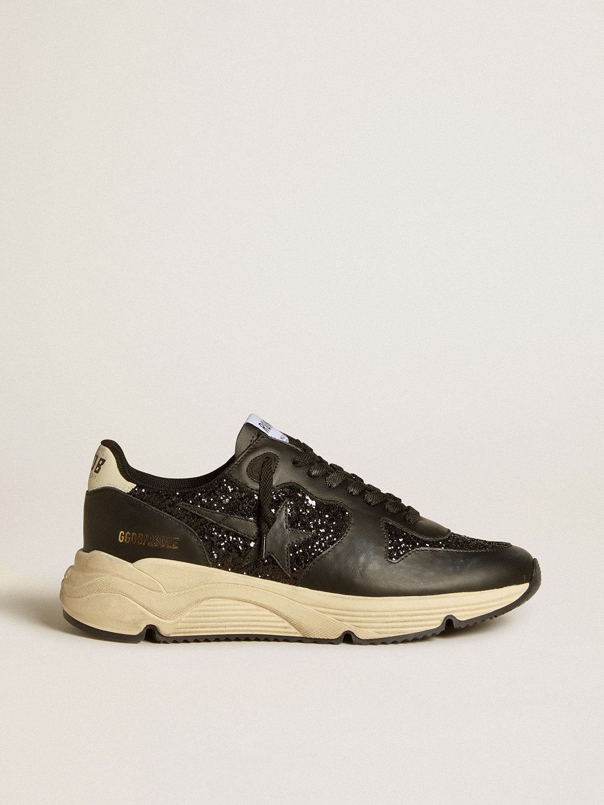 Women s Running Sole in black glitter with leather star and nubuck heel tab Golden Goose