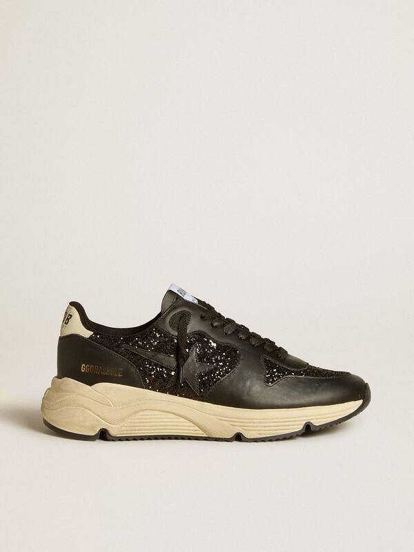 Golden Goose - Women's Running Sole in black glitter with leather star and nubuck heel tab in 