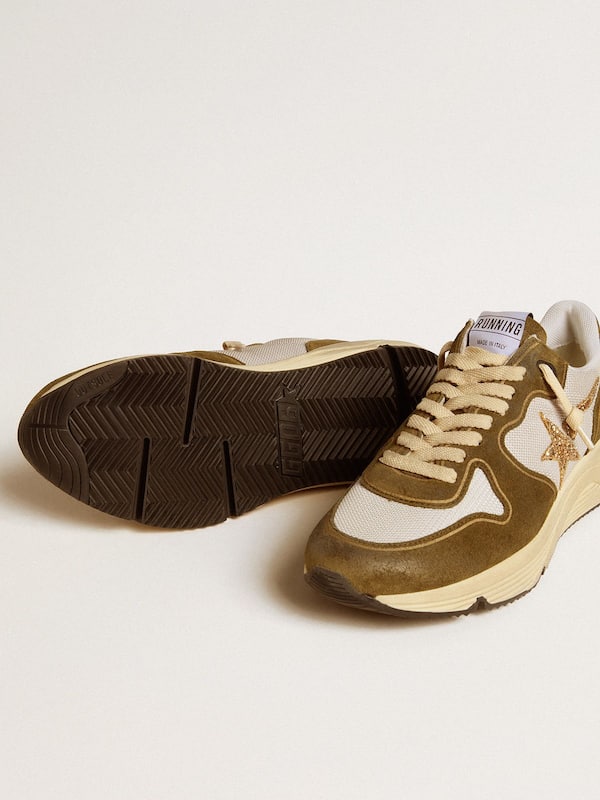 Golden Goose - Women’s Running Sole in brown suede and mesh with gold glitter star in 