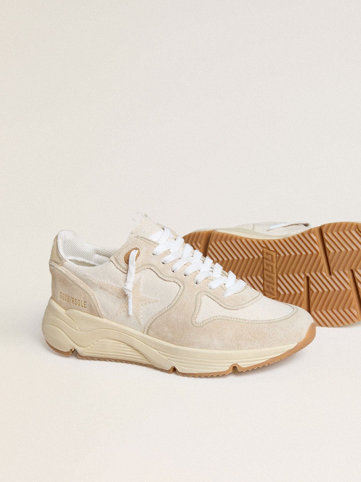 Golden Goose - Women's Running Sole in canvas with beige star and platinum metallic leather heel tab in 