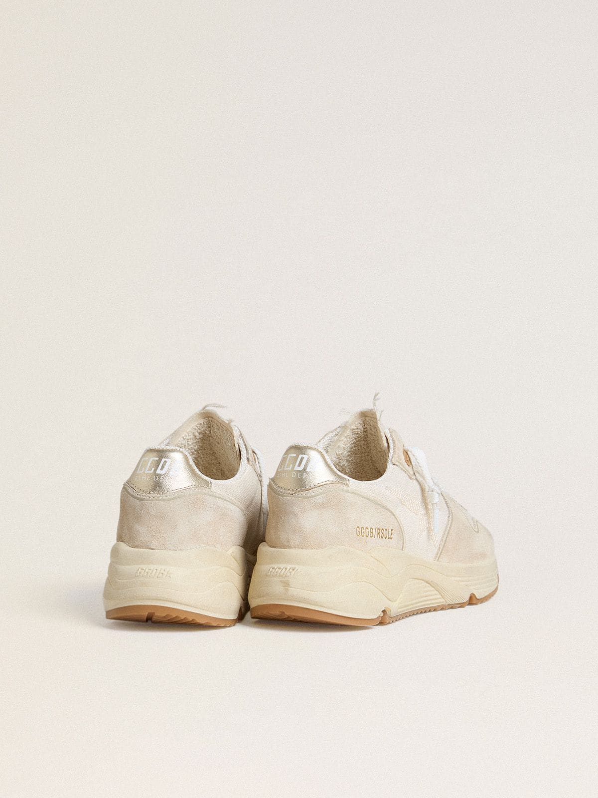 Golden Goose - Women's Running Sole in canvas with beige star and platinum metallic leather heel tab in 