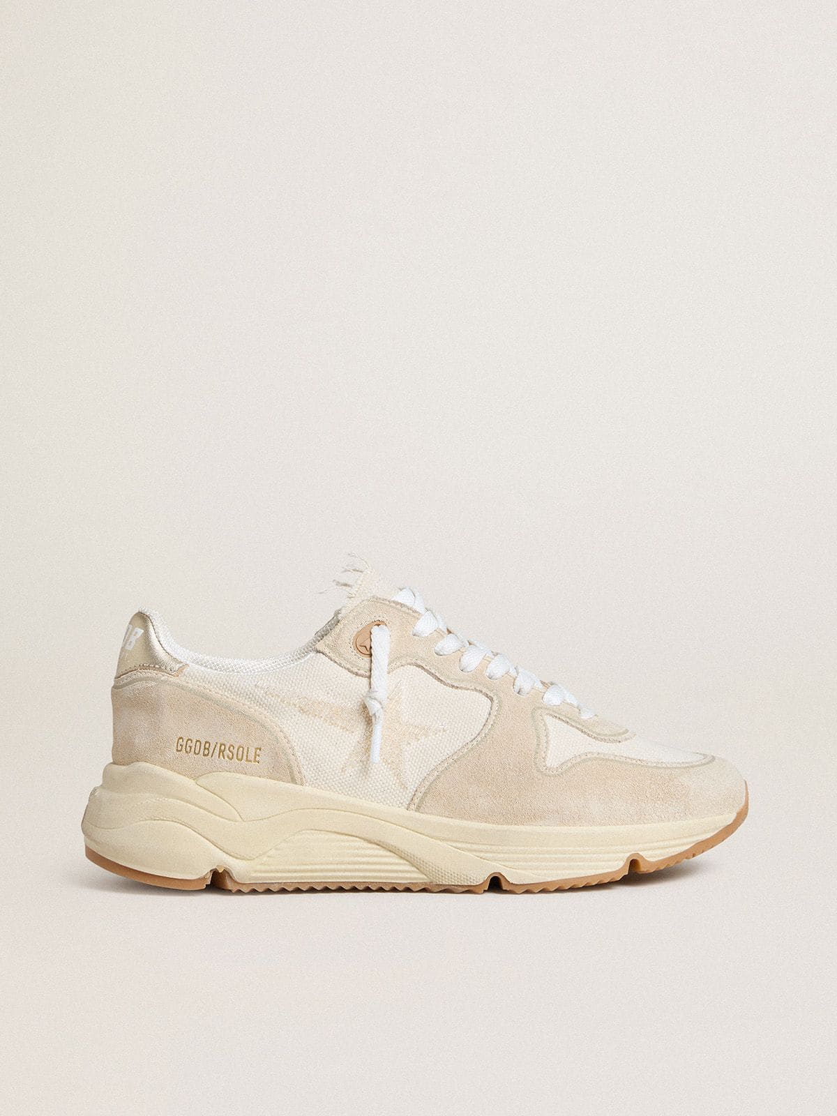 Golden Goose - Women's Running Sole in canvas with beige star and platinum metallic leather heel tab in 