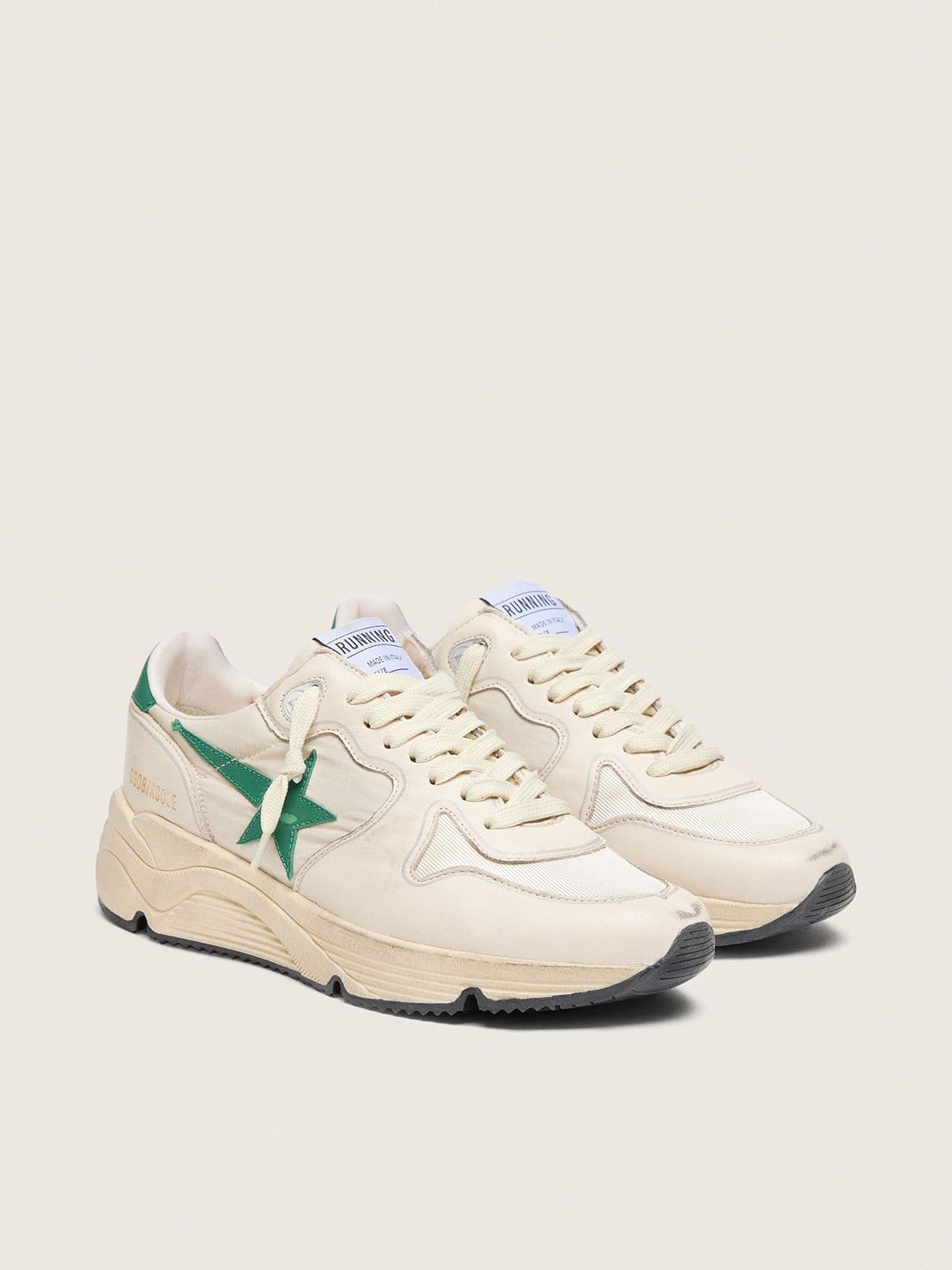 Golden Goose - Running Sole donna in nylon e pelle crema con stella in pelle verde in 