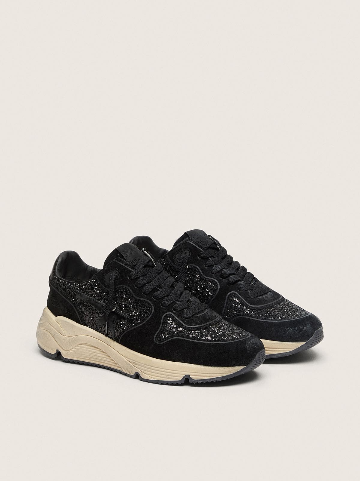 Golden Goose - Running Sole donna in suede e glitter neri con stella ton-sur-ton in 