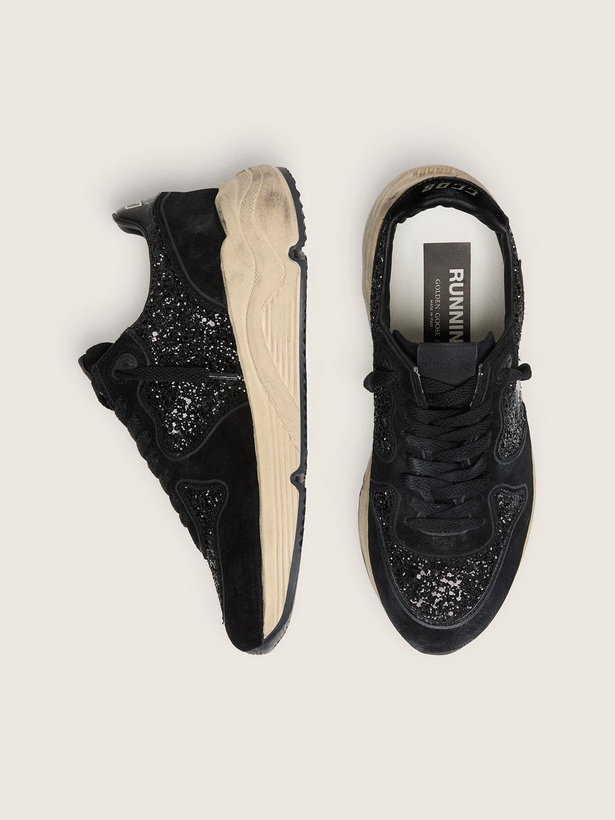 Golden Goose - Running Sole donna in suede e glitter neri con stella ton-sur-ton in 
