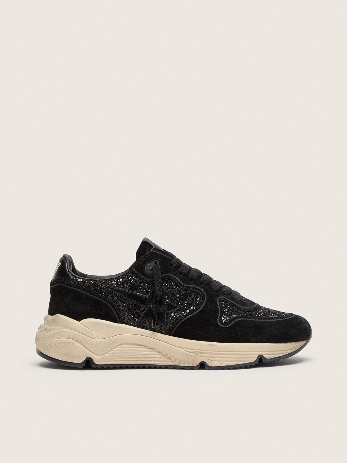 Golden Goose - Running Sole donna in suede e glitter neri con stella ton-sur-ton in 