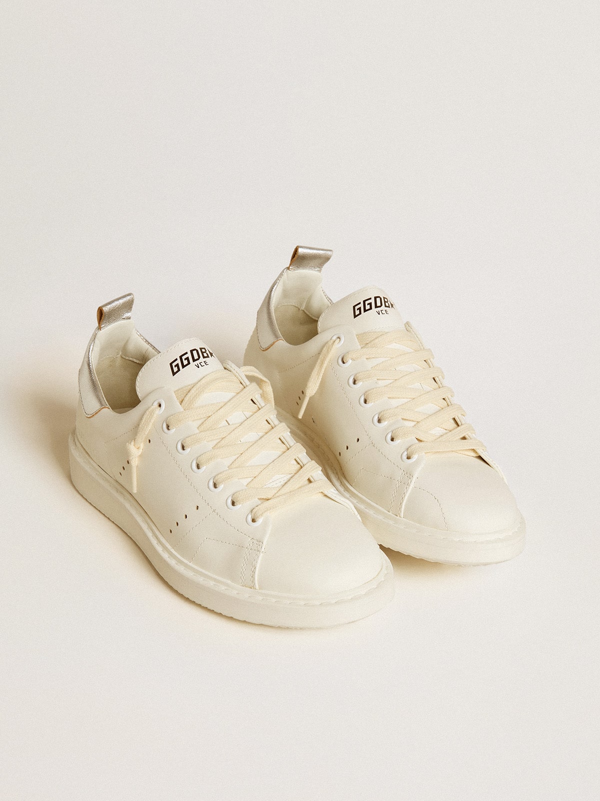 Starter Donna LTD in pelle bianca con talloncino in pelle laminata argento Golden Goose