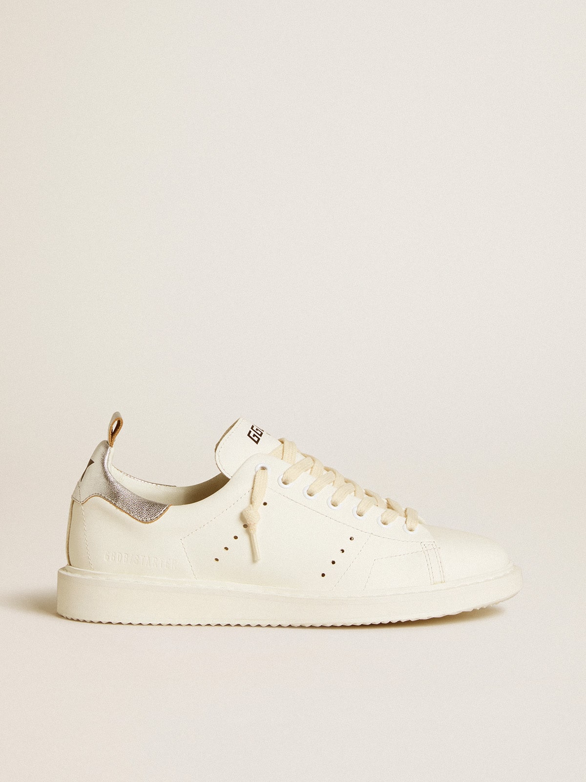 Golden Goose - Women's Starter LTD in white leather with silver metallic leather heel tab in 