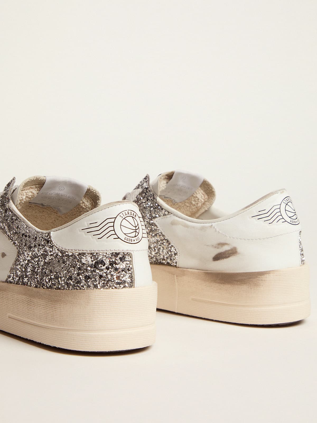 Golden Goose - Stardan feminino de couro branco e glitter in 