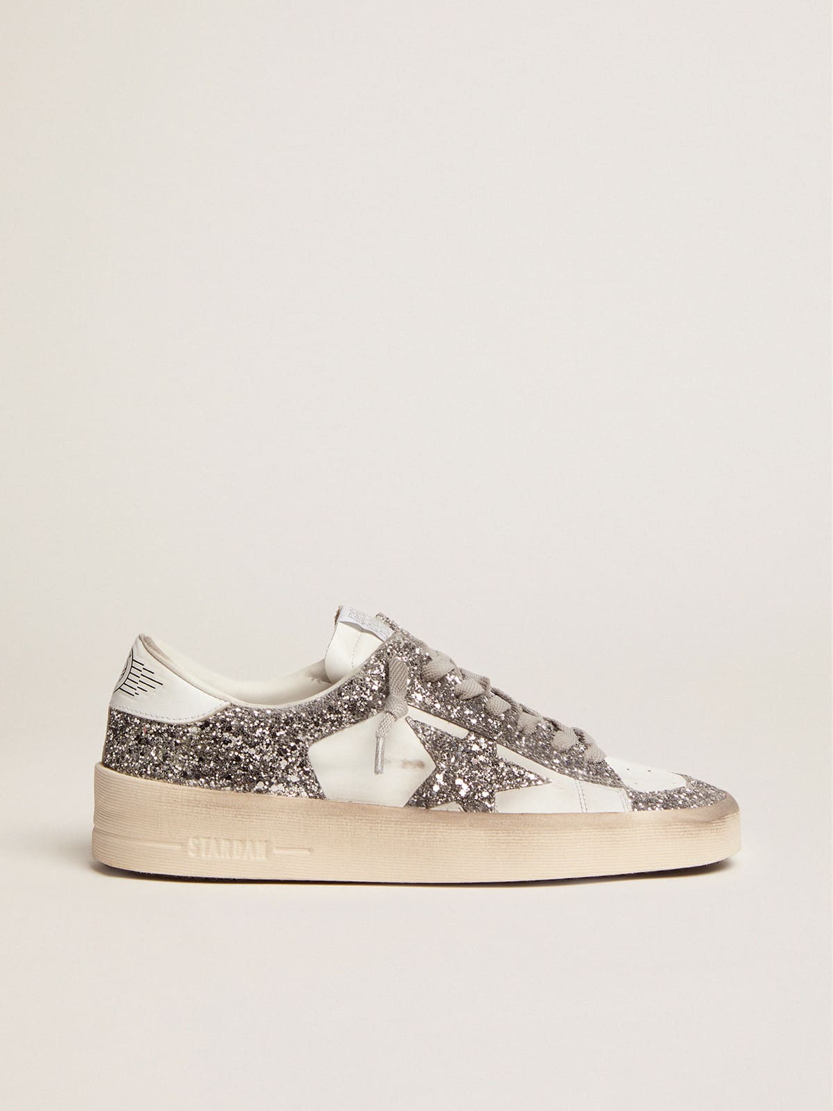 Golden Goose - Stardan feminino de couro branco e glitter in 