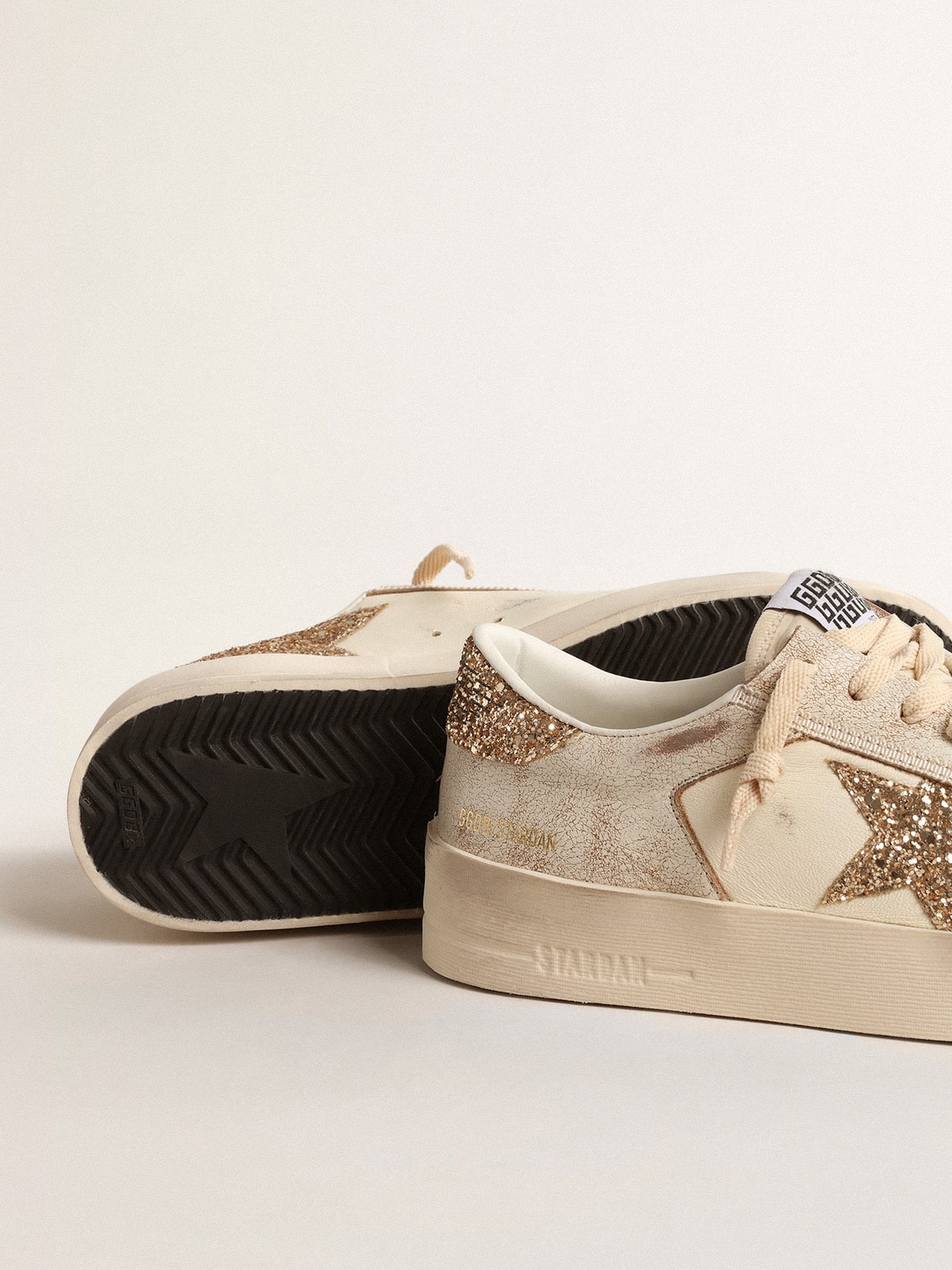 Golden Goose - Women’s Stardan in ecru nappa leather with gold glitter star and heel tab in 