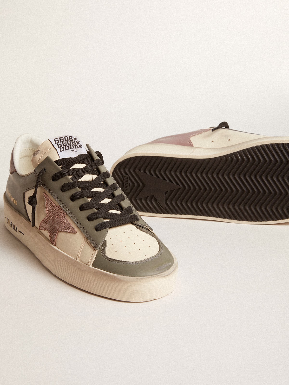 Golden Goose - Women’s Stardan LTD in gray leather with a pink leather star and heel tab in 