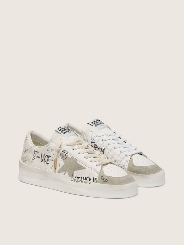 Golden Goose - Stardan with beige suede star and toe and all-over lettering and patterns  in 