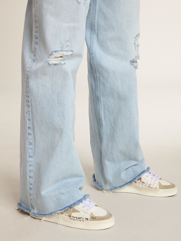 Golden Goose - Stardan with beige suede star and toe and all-over lettering and patterns  in 