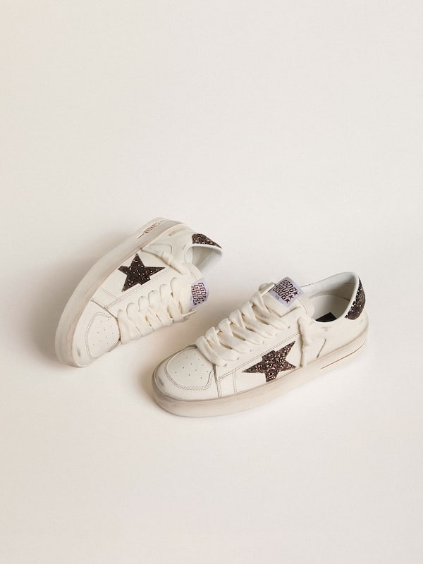 Golden Goose - Women's Stardan in white leather with brown glitter star and heel tab in 
