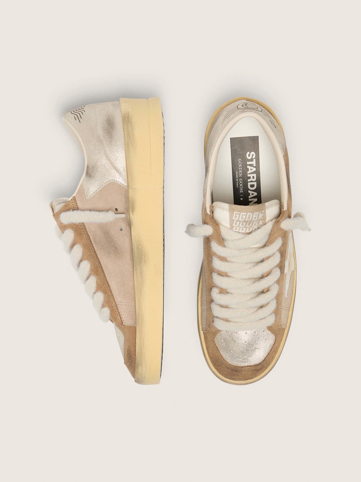 Golden Goose - Stardan donna in suede tabacco e beige con stella bianca in 