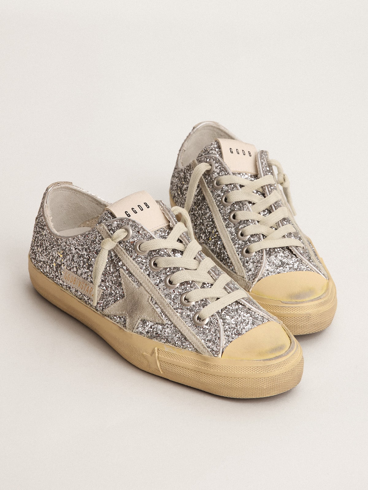 Golden Goose - Women's V-Star LTD in silver glitter with ice-gray suede star in 