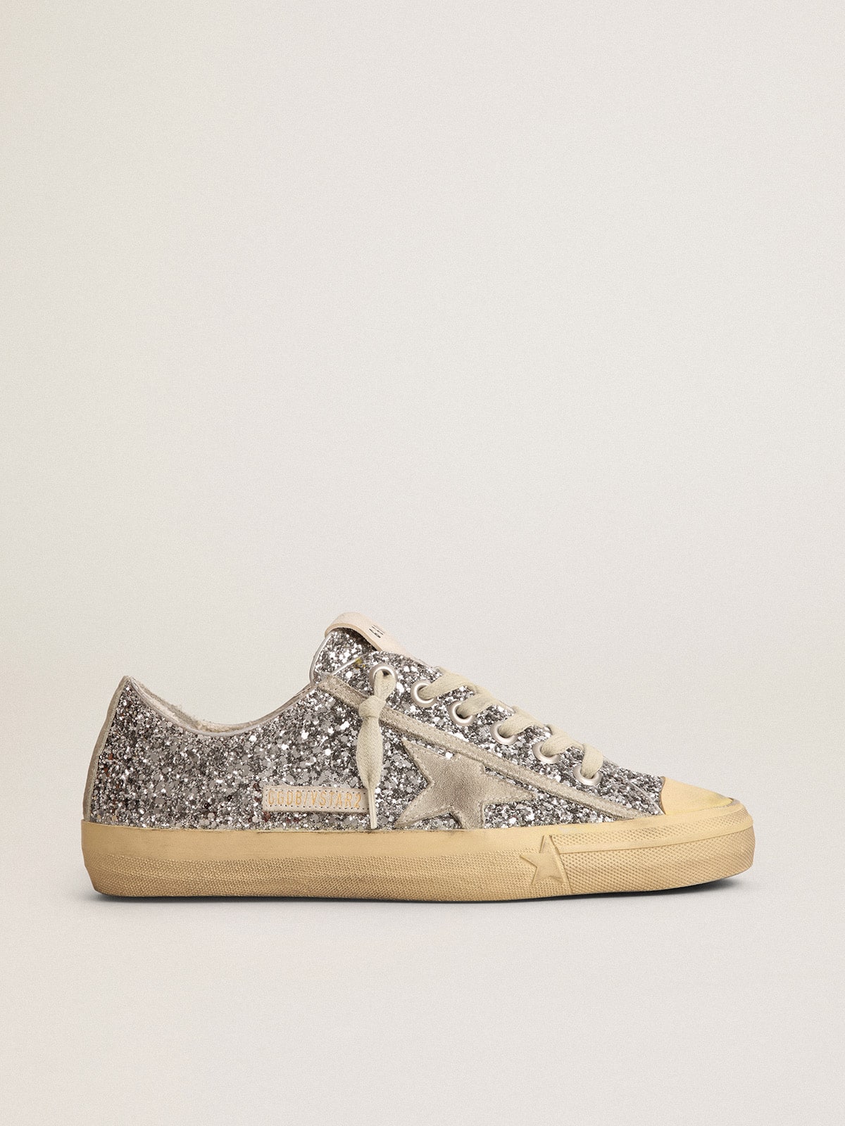 Golden Goose - Women's V-Star LTD in silver glitter with ice-gray suede star in 